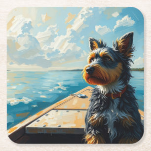 Dog on a boat square paper coaster
