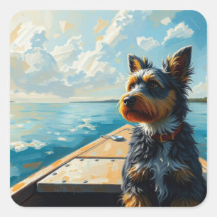 Dog on a boat square sticker