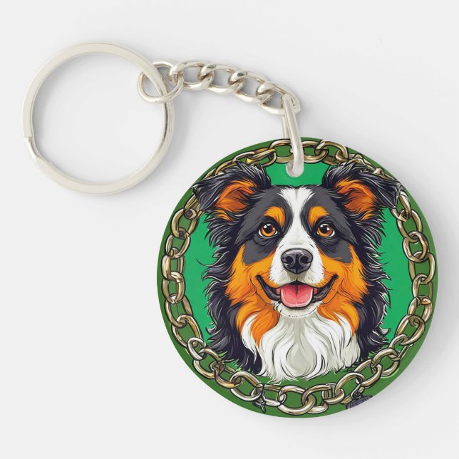 Dog on a green background with chains key ring (Front)