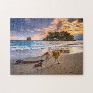 Dog on Beach at Sunset Jigsaw Puzzle