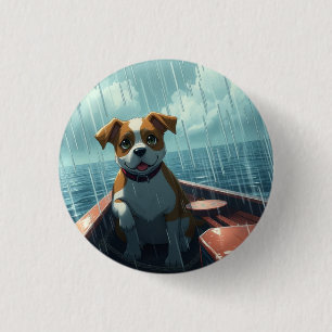 Dog on boat in ocean during rain 3 cm round badge
