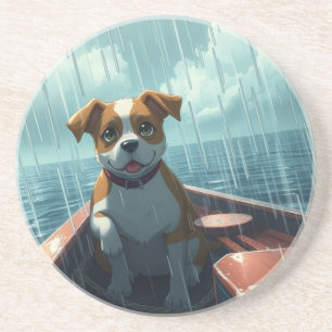 Dog on boat in ocean during rain coaster