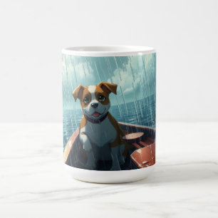 Dog on boat in ocean during rain coffee mug