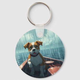 Dog on boat in ocean during rain key ring