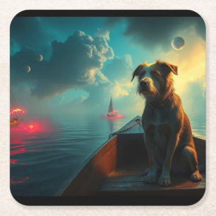 Dog on boat square paper coaster