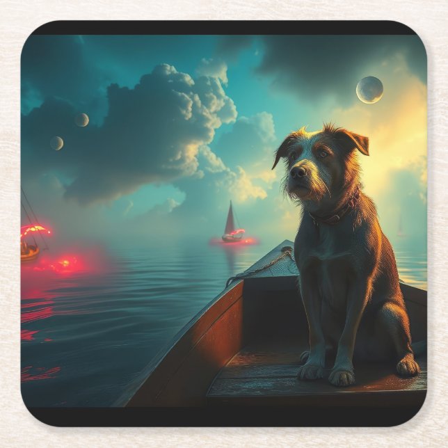 Dog on boat square paper coaster (Front)