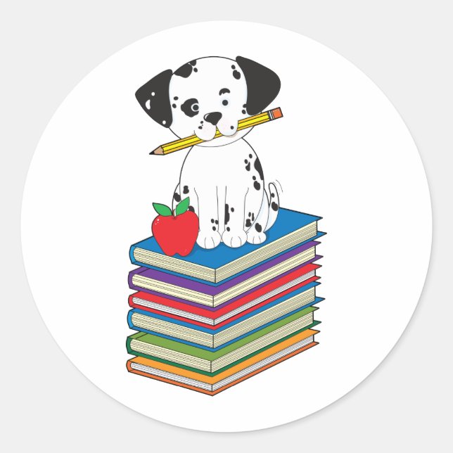 Dog on Books Classic Round Sticker (Front)