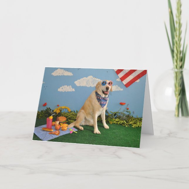 Dog on picnic, American flag Card (Front)