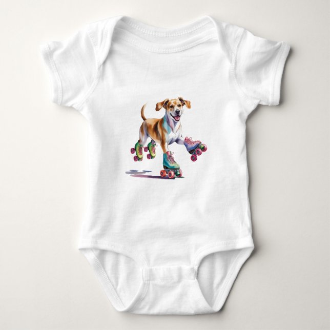 Dog On Roller Skates Watercolor Baby Bodysuit (Front)
