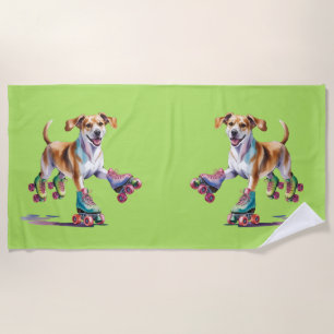 Dog On Roller Skates Watercolor Beach Towel