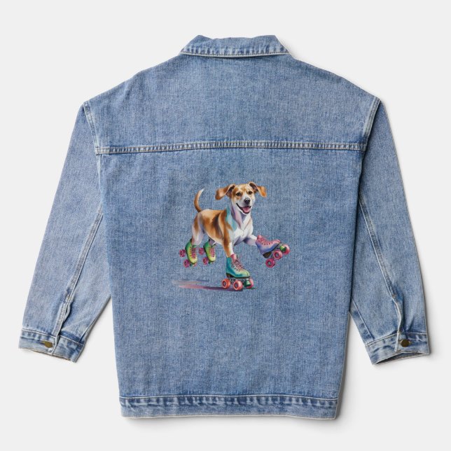 Dog On Roller Skates Watercolor Denim Jacket (Back)