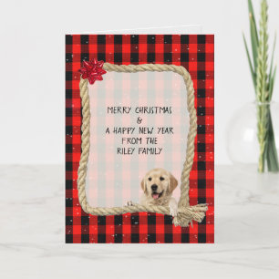 dog on rope frame with  lumberjack plaid Christmas Card