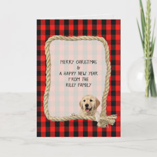 dog on rope frame with  lumberjack plaid Christmas Card