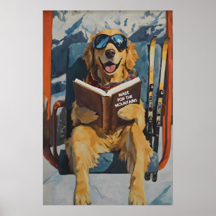 Dog on Ski Lift Mountain Art Print Funny Winter