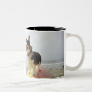 Dog on surfboard Two-Tone coffee mug