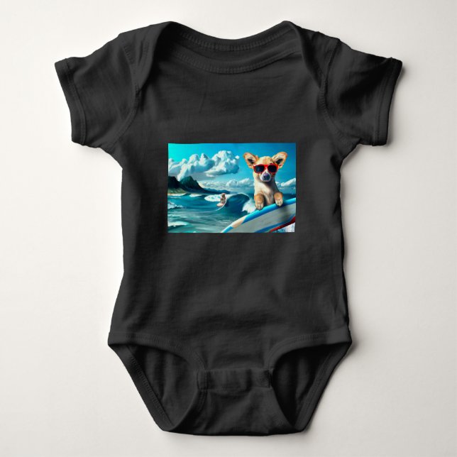 Dog on Surfboard Wearing Sunglasses AI Art Baby Bodysuit (Front)