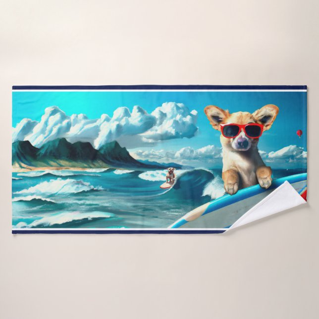 Dog on Surfboard Wearing Sunglasses AI Art Bath Towel Set (Bath Towel)