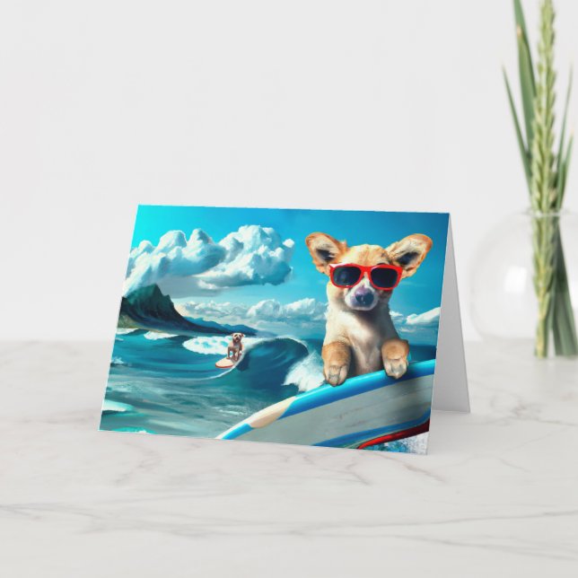 Dog on Surfboard Wearing Sunglasses AI Art Card (Front)