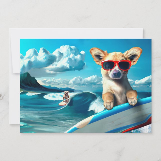 Dog on Surfboard Wearing Sunglasses AI Art Card (Front)