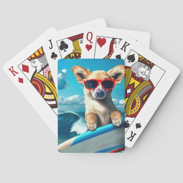 Dog on Surfboard Wearing Sunglasses AI Art Playing Cards (Back)