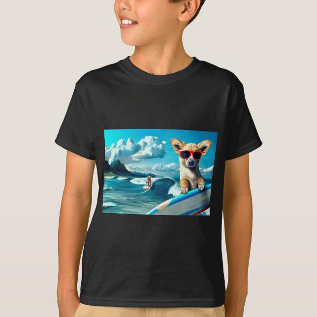 Dog on Surfboard Wearing Sunglasses AI Art T-Shirt (Front)