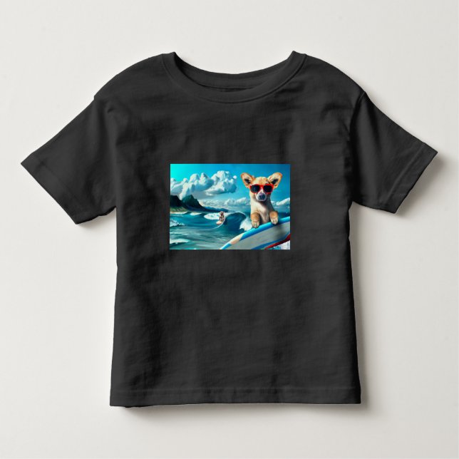 Dog on Surfboard Wearing Sunglasses AI Art Toddler T-Shirt (Front)