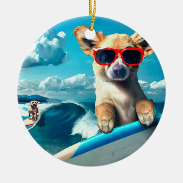 Dog on Surfboard with Sunglasses AI Art Christmas Ceramic Ornament (Front)