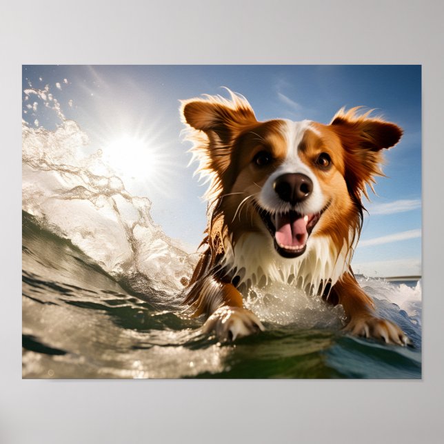 Dog on surfing board poster (Front)