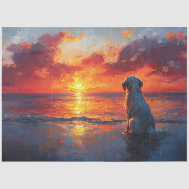 Dog on the Beach Watching the Sunset Decoupage Tissue Paper (Front)