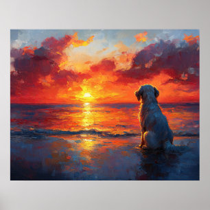 Dog on the Beach Watching the Sunset Poster