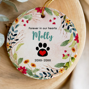 Dog or cat memorial paws colourful wreath ceramic ornament