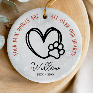 Dog or cat pet memorial paws and heart ceramic ornament