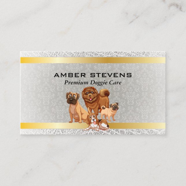 Dog Pack | Animal Services | Gold Damask Pattern Business Card (Front)