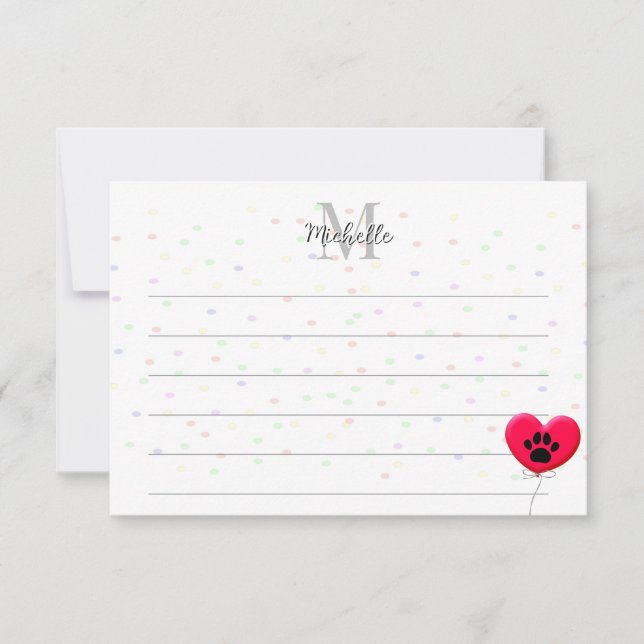 Dog Party Dog Paw Confetti Drawing Lined Monogram Card (Front)