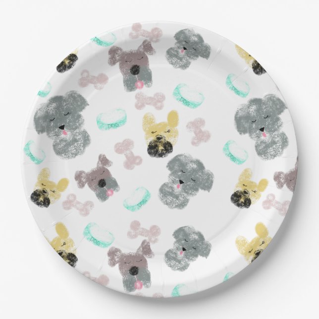 Dog Party Pattern Pink Blue Paper Plate (Front)
