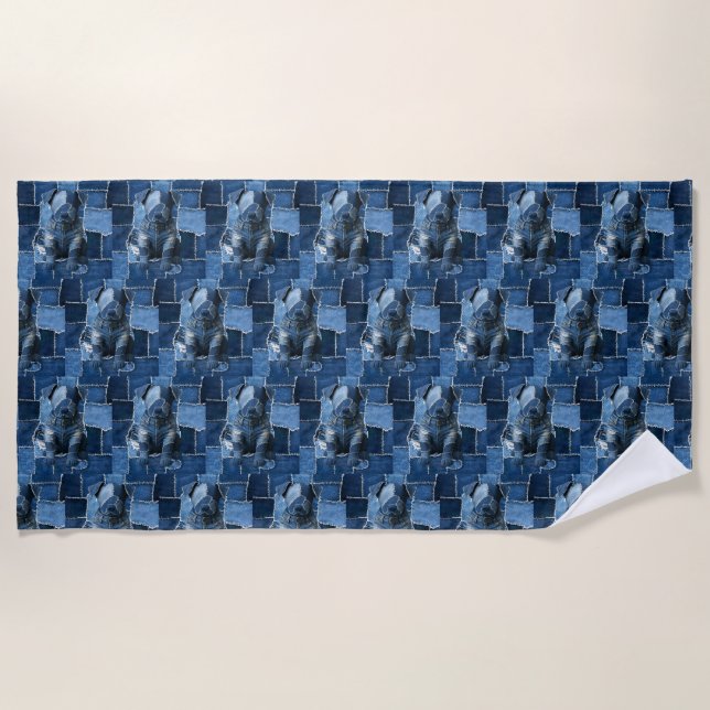 Dog Patchwork Art Denim Beach Towel (Front)