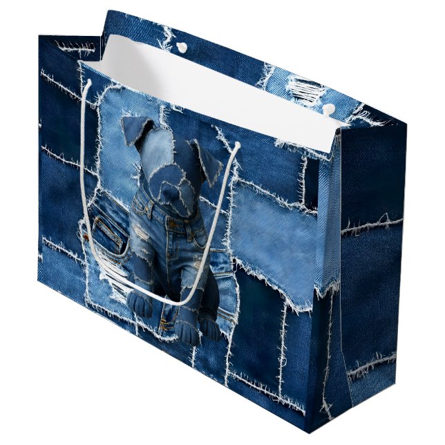 Dog Patchwork Art Denim Large Gift Bag (Front Angled)