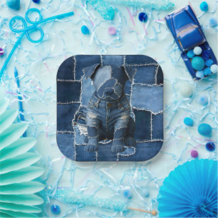 Dog Patchwork Art Denim Paper Plate