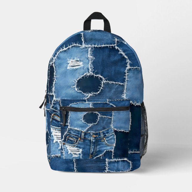 Dog Patchwork Art Denim Printed Backpack (Front)