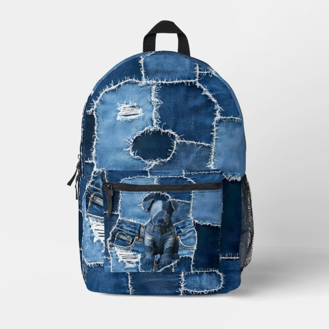 Dog Patchwork Art Denim Printed Backpack (Front)