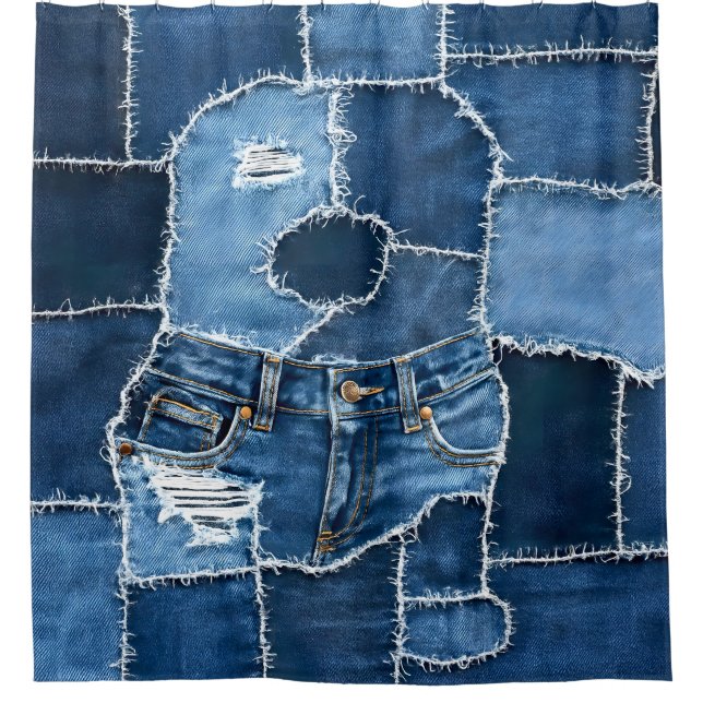 Dog Patchwork Art Denim Shower Curtain (Front)