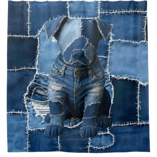 Dog Patchwork Art Denim Shower Curtain (Front)
