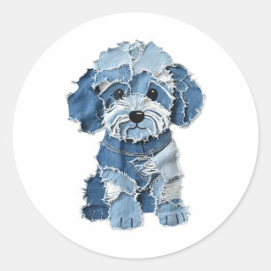 Dog Pattern Denim Patchwork Art  Classic Round Sticker