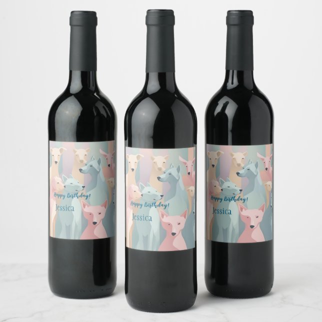 Dog Pattern Pastel Colours Minimalist Illustration Wine Label (Bottles)