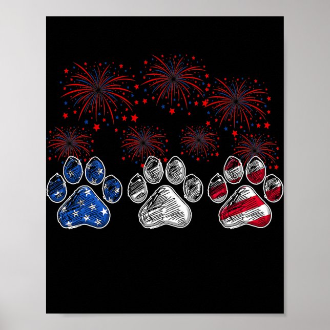 Dog Paw American Flag Fireworks Dog Lovers 4th Of Poster (Front)