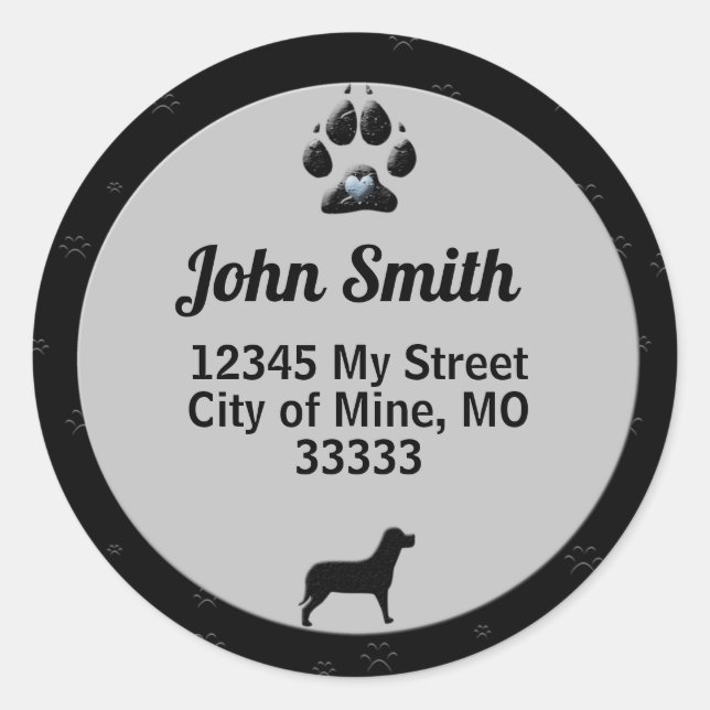 Dog Paw Black and Grey for Address Classic Round Sticker (Front)