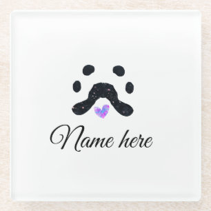 Dog paw black pet add name text animal paw photo glass coaster