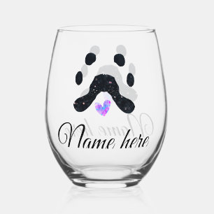 Dog paw black pet add name text animal paw photo stemless wine glass