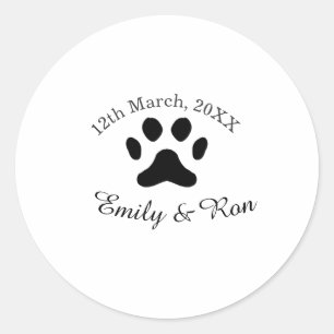 Dog paw black pet wedding couple name date romanti classic round sticker