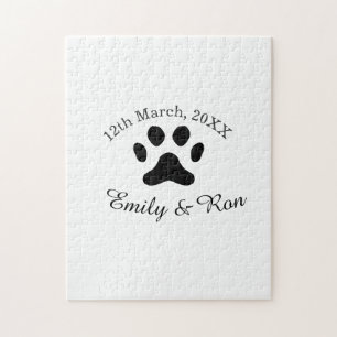 Dog paw black pet wedding couple name date romanti jigsaw puzzle
